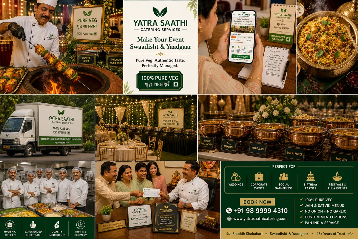 Yatra Saathi Catering Services — pure-veg traditional Indian event-catering · weddings + corporate + festival bhog · Awadhi/Banarasi/Marwari/South menus