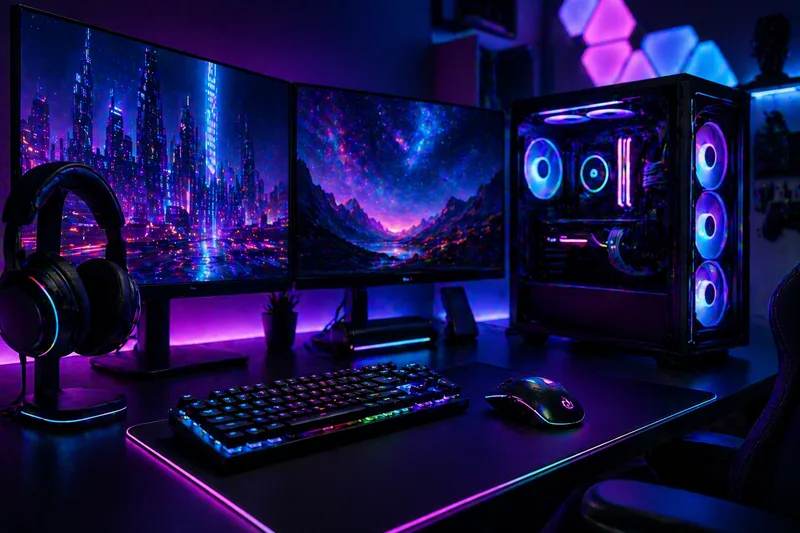 Tech Hub Computer Accessories — cyberpunk gaming setup with RGB tower + dual monitors