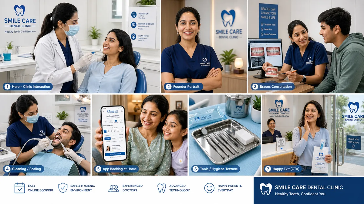 Smile Care Dental Clinic · Dr. Anika Sharma · modern family + cosmetic dentistry · 10+ years · 5000+ happy smiles · Healthy Teeth Confident You