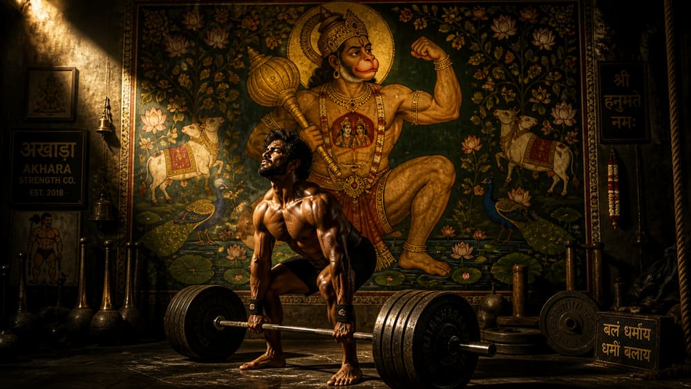 Strength training composition with mythic backdrop
