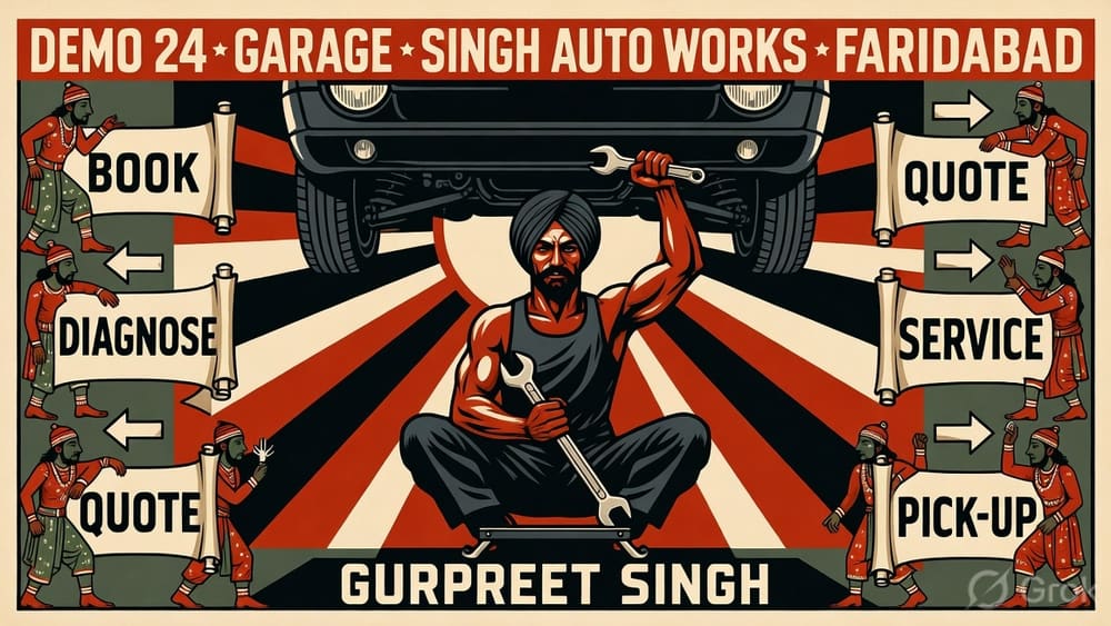 Auto-works owner with vintage shop poster lockup
