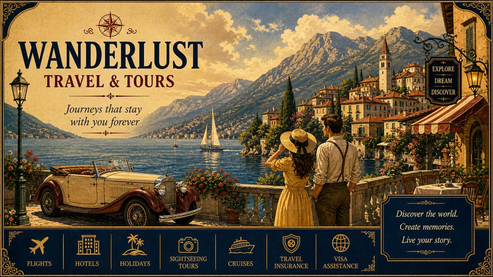 Travel poster with a lakeside vista