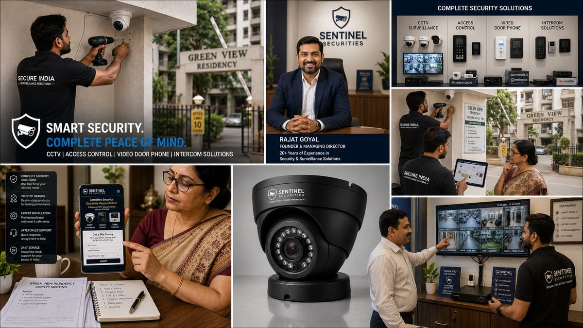 Sentinel Securities Nehru Place · pan-NCR CCTV + access control + smart locks since 2018 (rebranded from Secure India 2023) · founder-MD Rajat Goyal · Hikvision Dahua CP Plus Bosch Honeywell Yale Godrej authorised · 4,200+ installs · 24x7 NOC