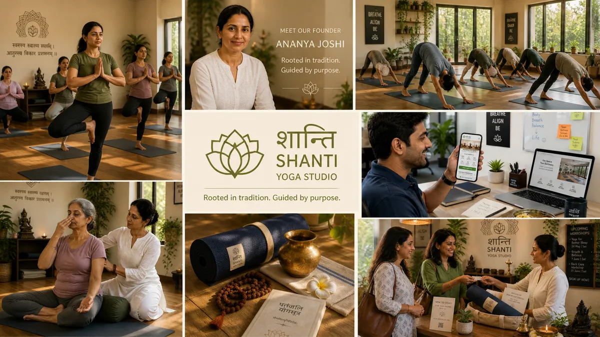 Shanti Yoga Studio Bengaluru · founder Ananya Joshi · Bihar School of Yoga lineage · Hatha + Ashtanga + Iyengar + Pranayama · Rooted in tradition Guided by purpose
