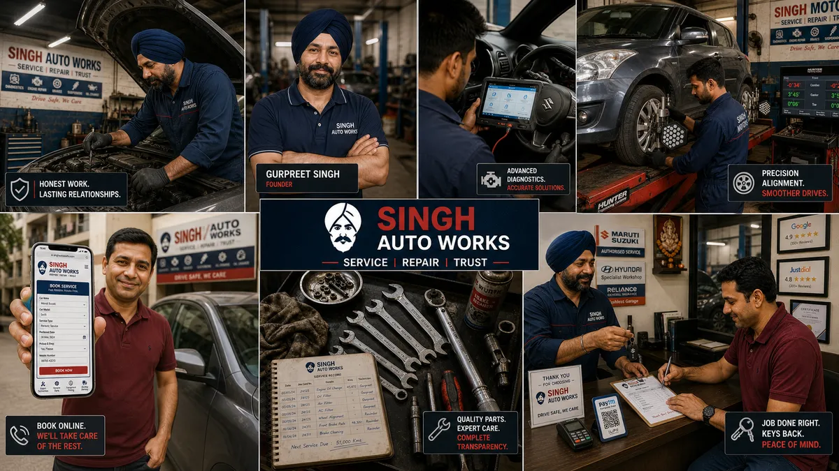 Singh Auto Works Faridabad · owner-mechanic Gurpreet Singh · multi-brand car service since 2015 · Maruti Hyundai Tata Honda Mahindra authorised · OBD-II Bosch + 4-wheel Hunter alignment · cashless insurance · pickup-drop NCR